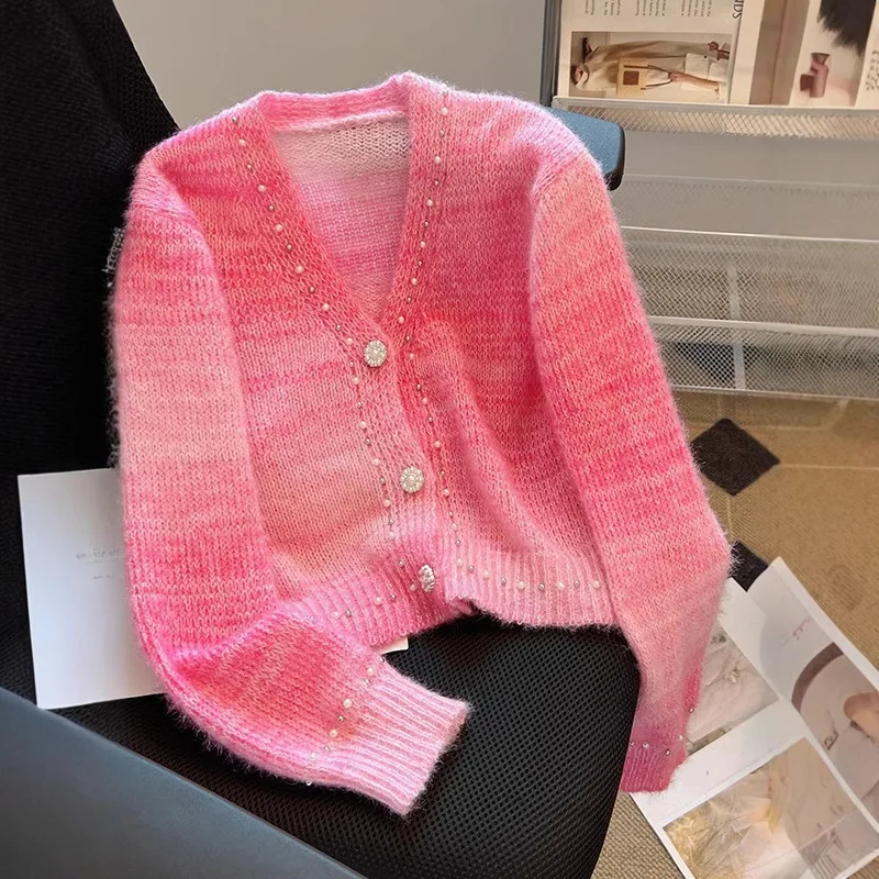 

Spring and Autumn New Style Unique and Unique Gradient Color V-neck Sweater High Grade Knitted Sweater Coat Trendy