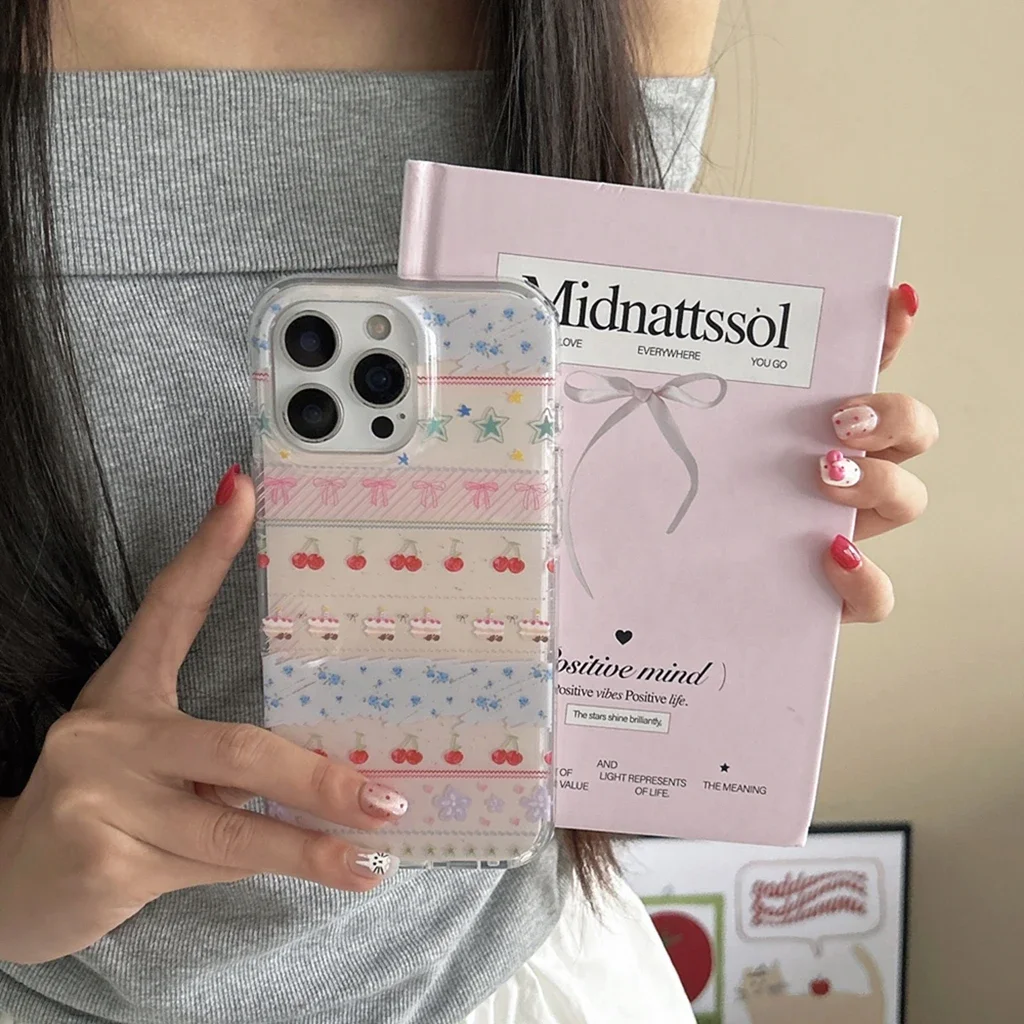 

Creative Full Screen Stars Bowknot Cherry Cake Flowers Splicing Shock Proof Phone Cover Case for iPhone 16 15 14 13 Pro Max