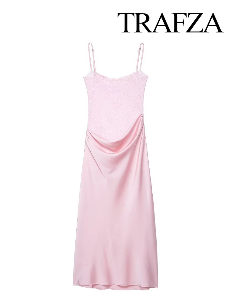 여성 여름 패션 V넥 슬림 레이스 새틴 백리스 스플라이싱 장식 롱 드레스 여성 우아한 민소매 미디 드레스