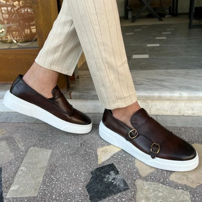 Brown Men Sports Shoes Casual Vulcanize Shoes Black Handmade Double Buckle Monk Shoes