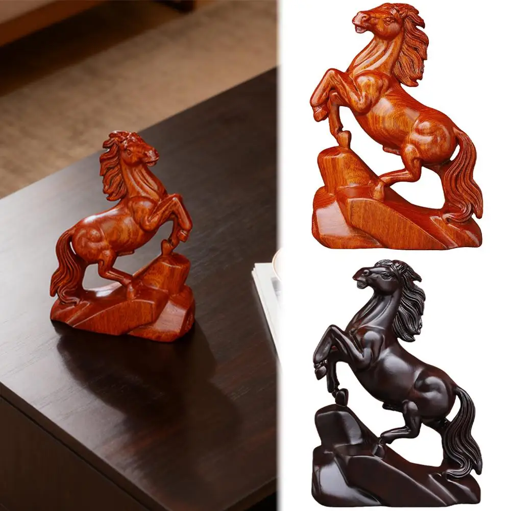 Rosewood Carved Horse Statue - Wealth Lucky Zodiac Horse Decor for Home/Office Desk, Chinese Feng Shui Craft Gift for Birthday