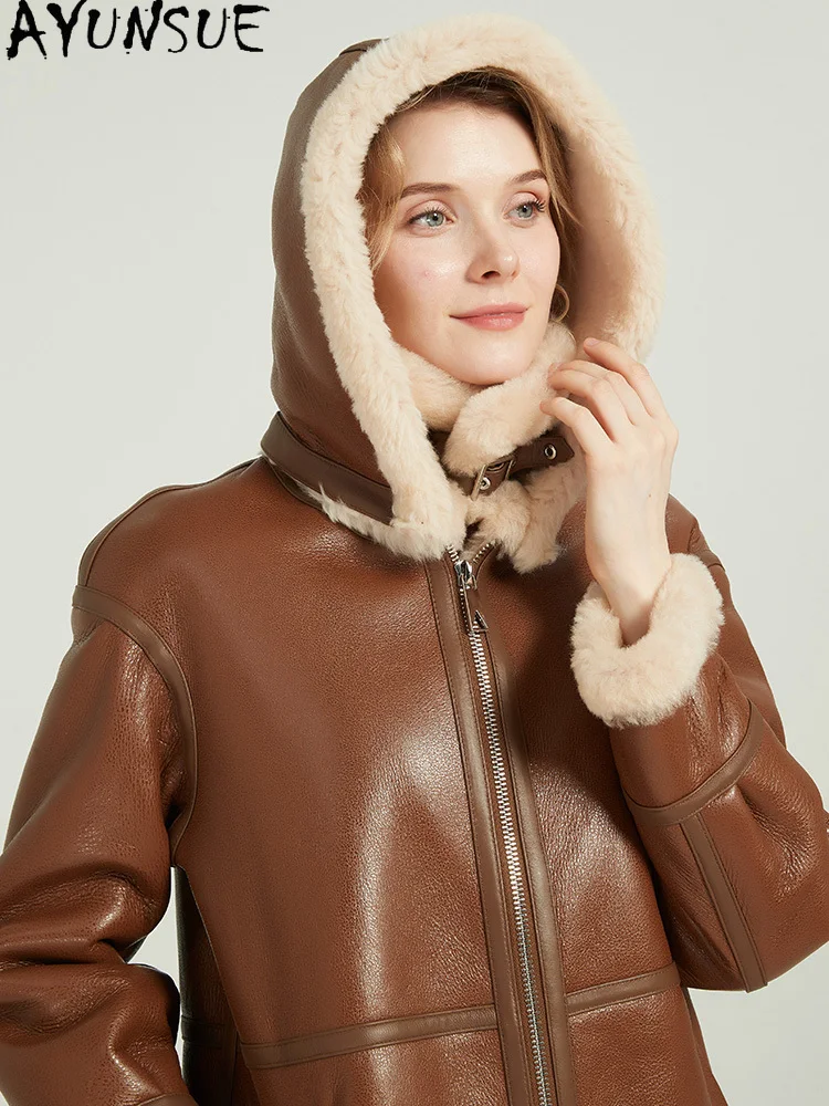AYUNSUE Echt Leder Jacke Frauen Motorrad Jacken 2025, mittellange Natürliche Schaffell Pelzmantel frauen Winter Kleidung Streetwear