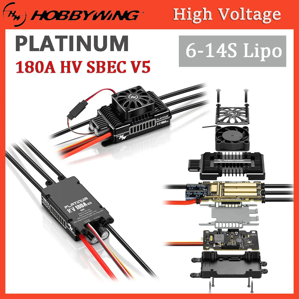 

HobbyWing Бесщеточный PLATINUM Электронный регулятор скорости 180A SBEC V5 6-14S Высоковольтный ESC для электрического вертолета RC 550-700