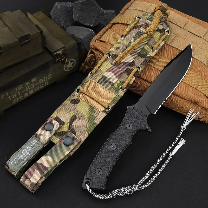 CR lassic green flat hat outdoor knife, wilderness survival rescue knife, hiking portable straight knife