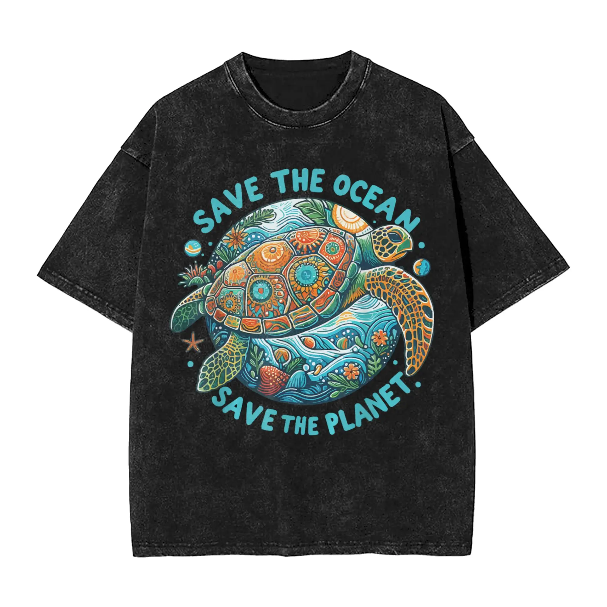 Earth Day 2026 Restore Earth Sea Turtle Art Save the Planet Washed T Shirt Streetwear T-Shirts Tees for Men Women Short Sleeve