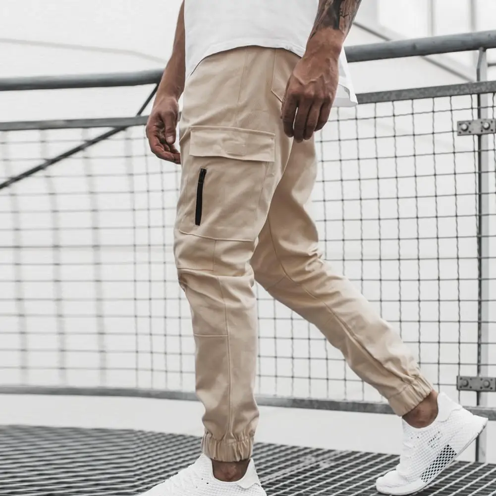 Drawstring Men Jogger Pants Solid Color Sports Trousers Zipper Pockets Hip Hop Cargo Pants Summer Casual Pants Ropa Pantalones