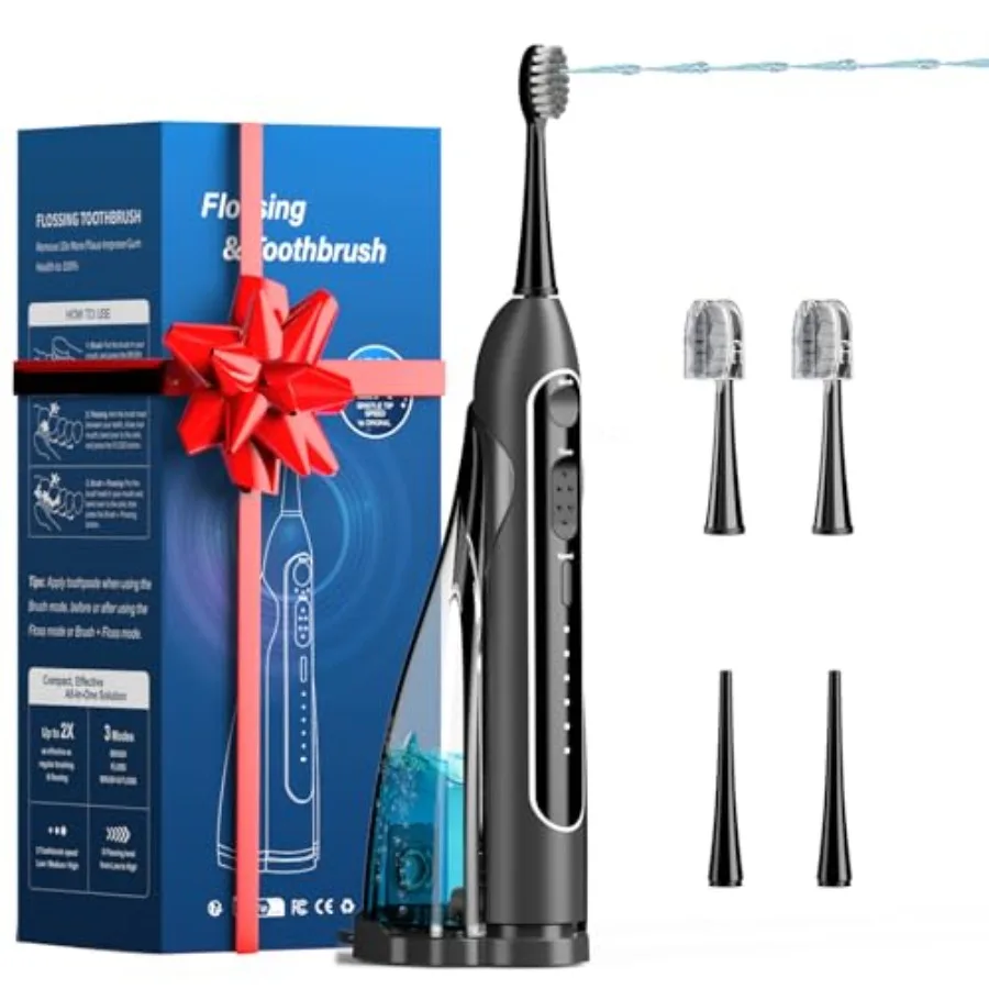 

Electric Toothbrush with Water Flosser 3-in-1 Sonic Modes 5 Flossing Speeds with 2 Brushes + 2 Nozzles Portable Flossing Toothb