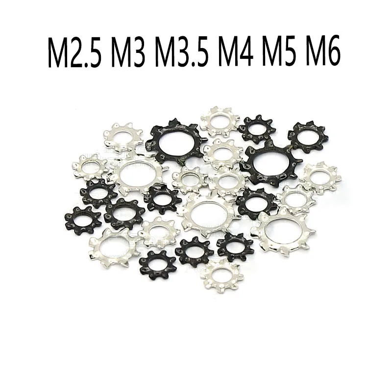 100Pcs/lot M2.5 M3 M3.5 M4 M5 M6 65Mn External Toothed Serrated Lock Washer Shakeproof Star Gasket Nickel Plating/Black Zinc