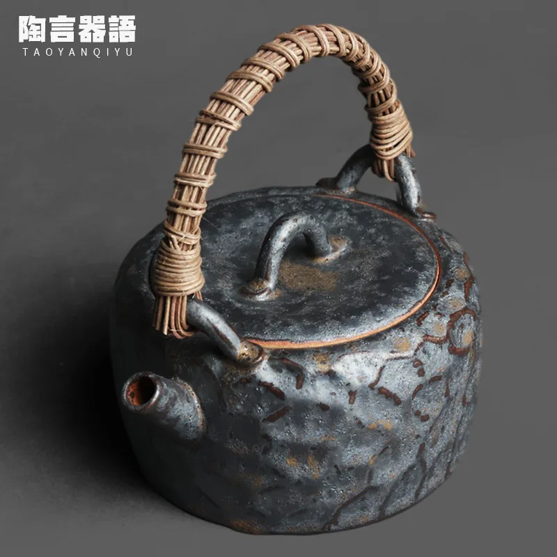 Jingdezhen Japanese kiln roasted black gold hammer pattern kettle handmade rattan craft wide mouth large tea milk coffee single