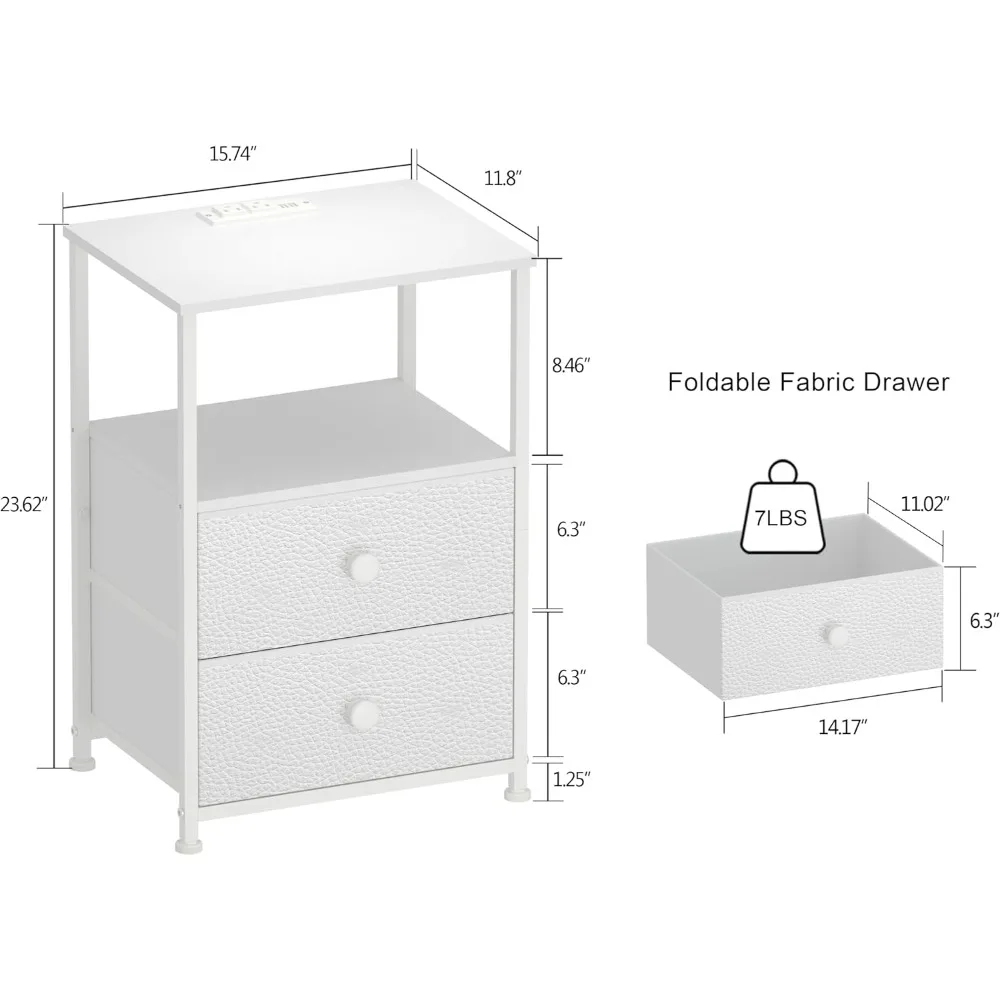 Tables with Charging Station LED light Nightstand Bedroom Bed Side Dresser with Fabric Drawers Open Storage Shelf