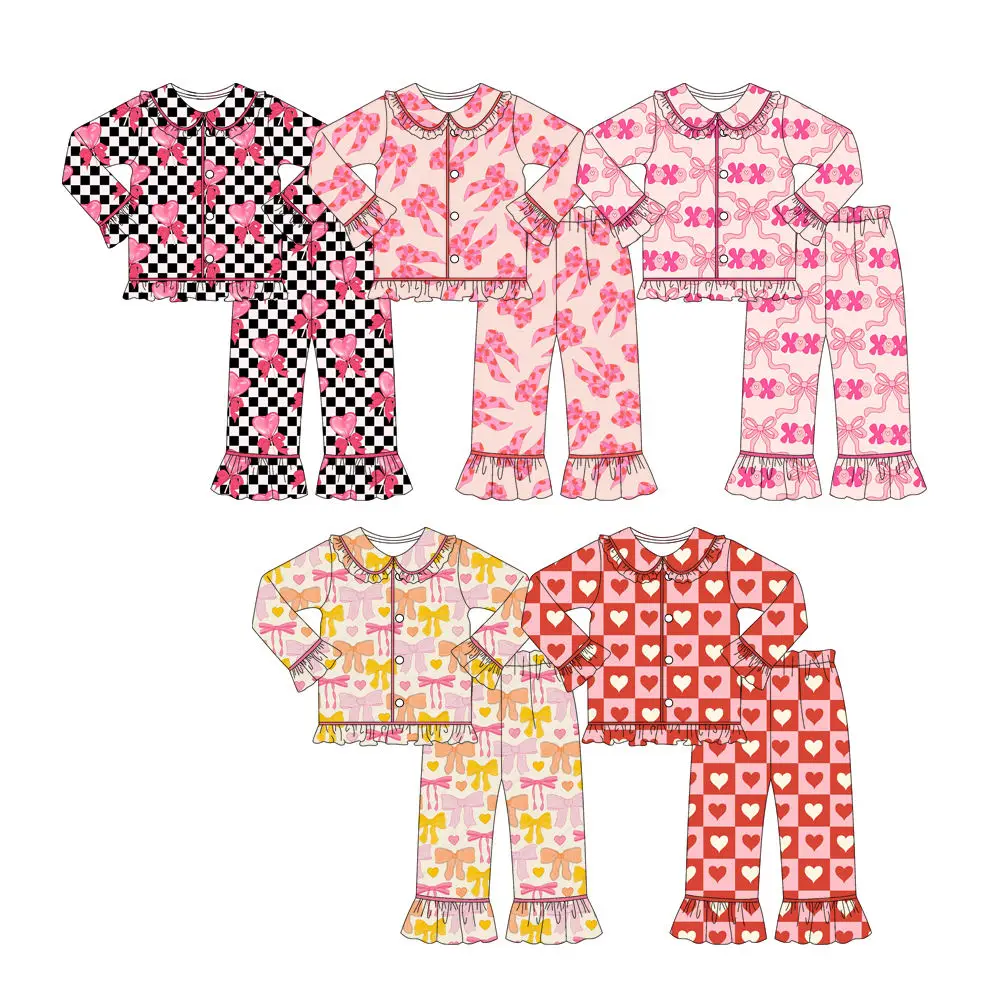 

Wholesale Children Valentine's Day Outifts Little Girl Pink bows Long Sleeve Clothing Set Fall Pajamas for Kids