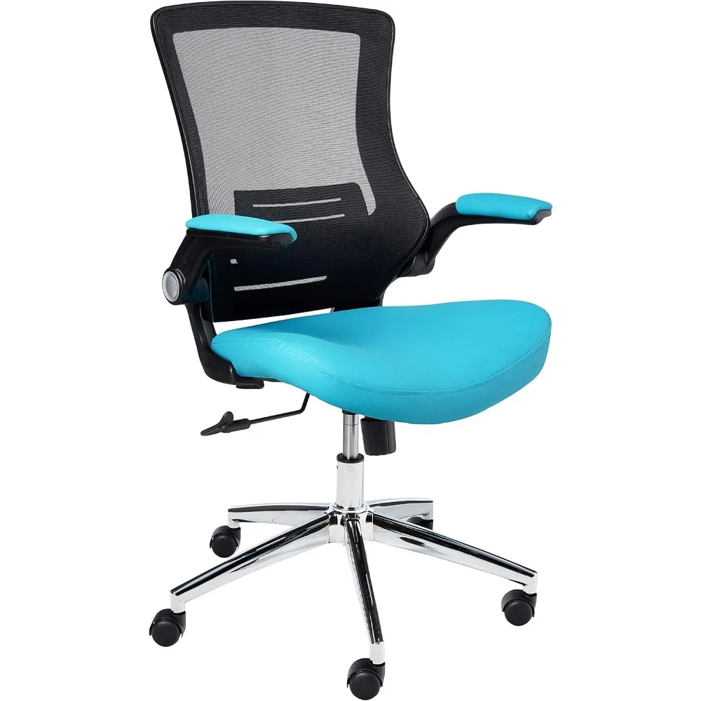 Ventilated Black Screen Back Faux Leather Manager's Office Chair with Padded Color Flip Arms with Angled Chrome Base