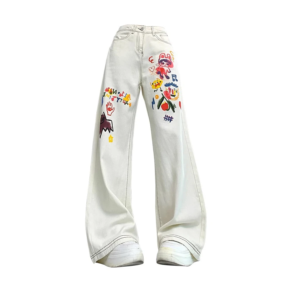 جديد Y2K جينز هيب هوب طباعة جينز مستقيم فضفاض للنساء موضة Harajuku عادية الشارع الأبيض بنطال ذو قصة أرجل واسعة