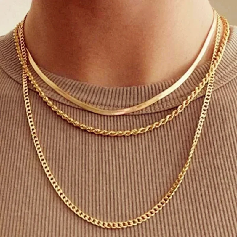 Classic Stainless Steel gold color chain for women necklace flat snake Miami curb twist rope basic style for layered women neck