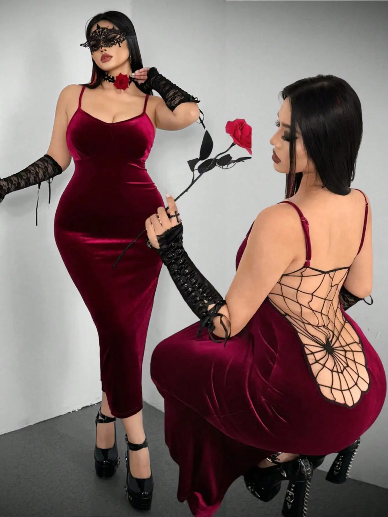 

Бордовое бархатное платье-камизоль с вырезом в виде паутины на спине и кружевными перчатками