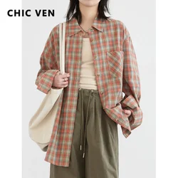 CHIC VEN-Camisa de algodón holgada para mujer, Top informal con una hilera de botones, a cuadros en contraste, con protección solar, para primavera y verano, 2024