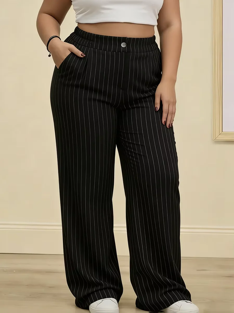 

Women's Plus Size Black Wide Leg Pants Pinstripe High Waist Pleated Suit Casual Pants Office Work Spring Summer Trousers