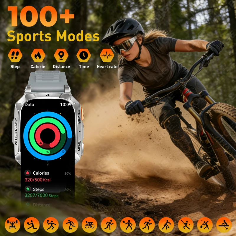 LIGE New Rugged Military Smart Watch Men 1400 mAh battery 2.01" HD Bluetooth Call Health monitor  LED Flashlight Men Smartwatch