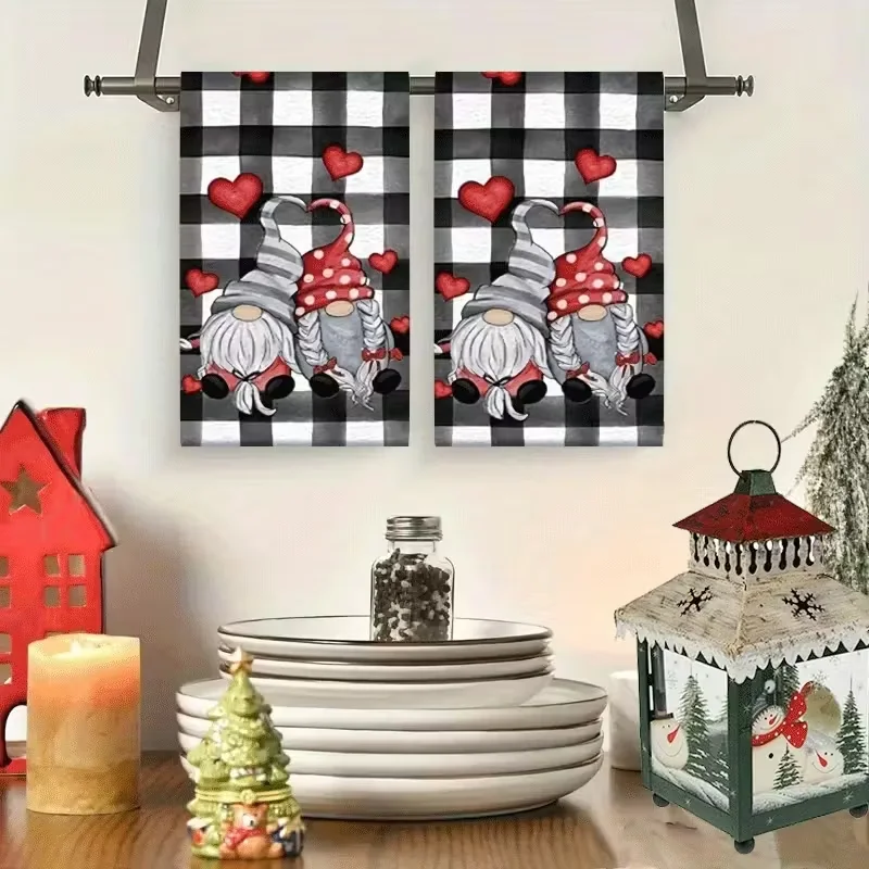 2-Pack Valentine's Day Gnome Pattern Absorbent Kitchen Towels, Suitable for Home Cooking, Baking, Bathroom Cleaning, Outdoor Activities, Tea Party Decorations, Household Items