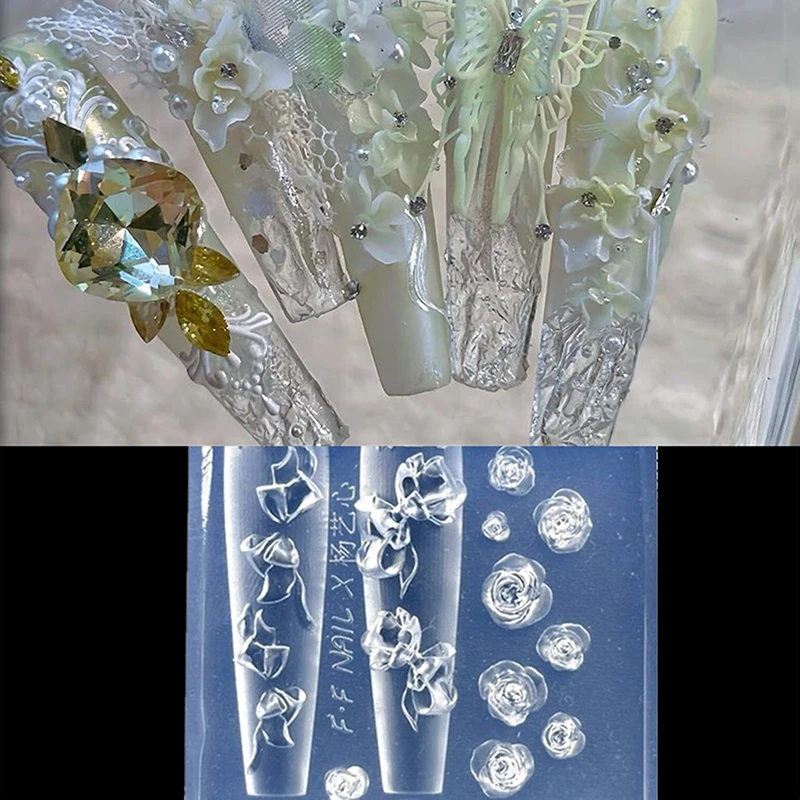 Stampo per intaglio delle unghie con fiocco in silicone 3D, farfalla, rosa, design floreale, modello trasparente, strumento per manicure per decorazione unghie fai da te
