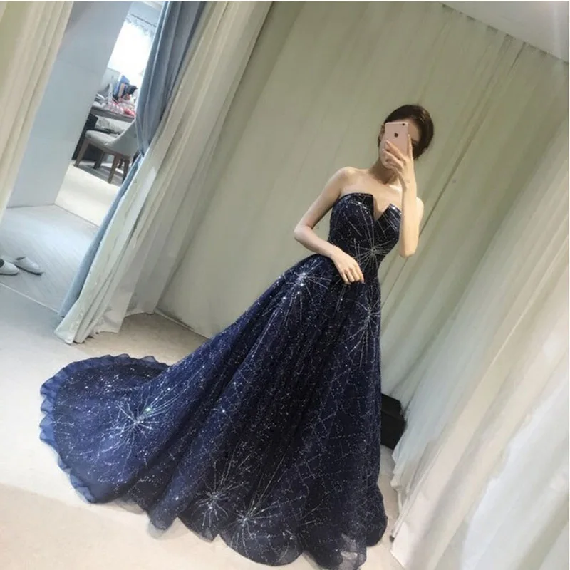 

starry sky bride's toast wear new blue Tube top Long tail Performance host Evening Dress for Women long Shiny dress Evening gown