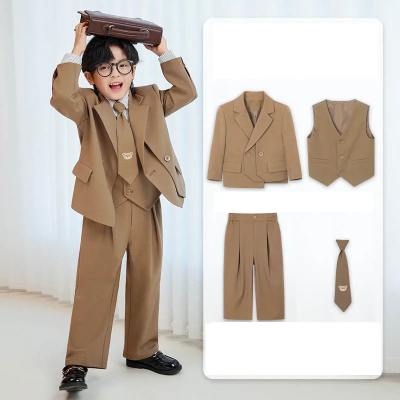 Gentleman Kids Khaki Cartoon Bear Suit Boys Wedding Birthday Photography Dress Children Piano Host Speech Performance Costume