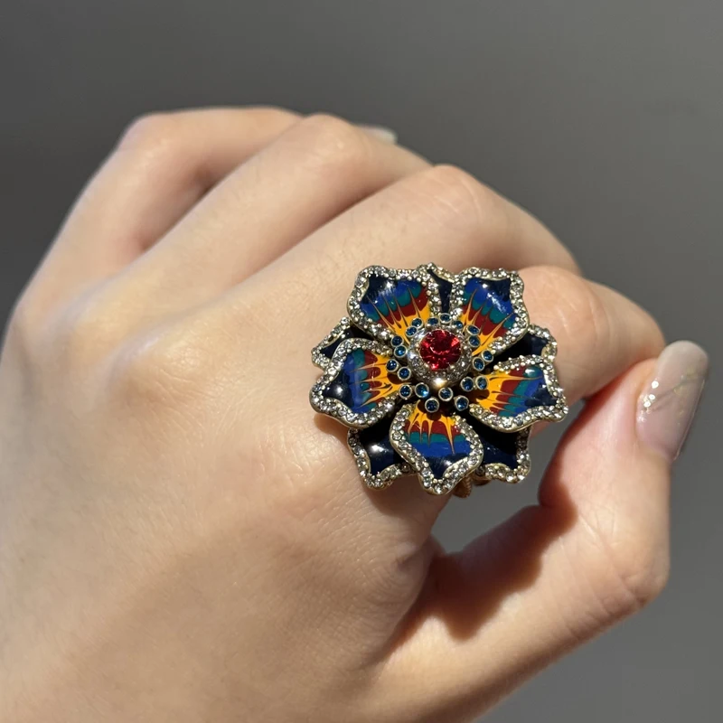 Vintage Enamel Rings Flower Peacock Ring - Image 2