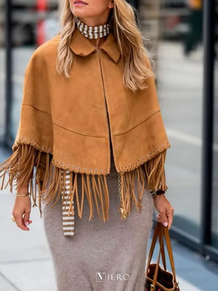 

European style new women's fashion, versatile and elegant, simple solid color lapel faux suede fringed shawl.
