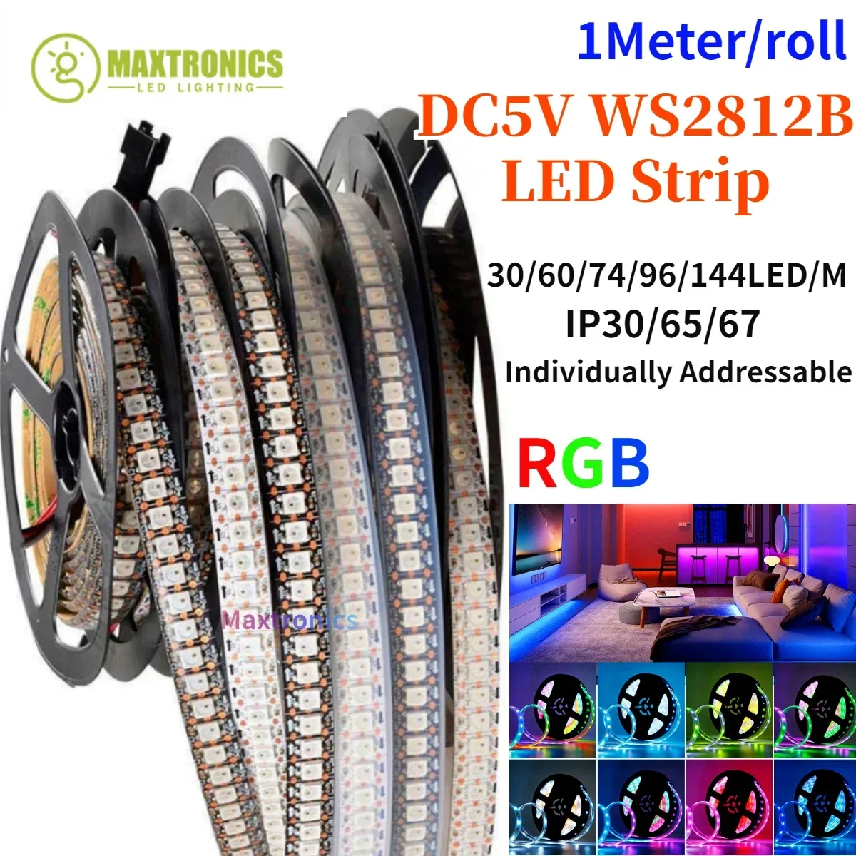 1Meter DC5V WS2812B LED Strip Light Individually Addressable 30/60/74/96/144 LED/M IP30/65/67 White/Black PCB for Holiday Decor