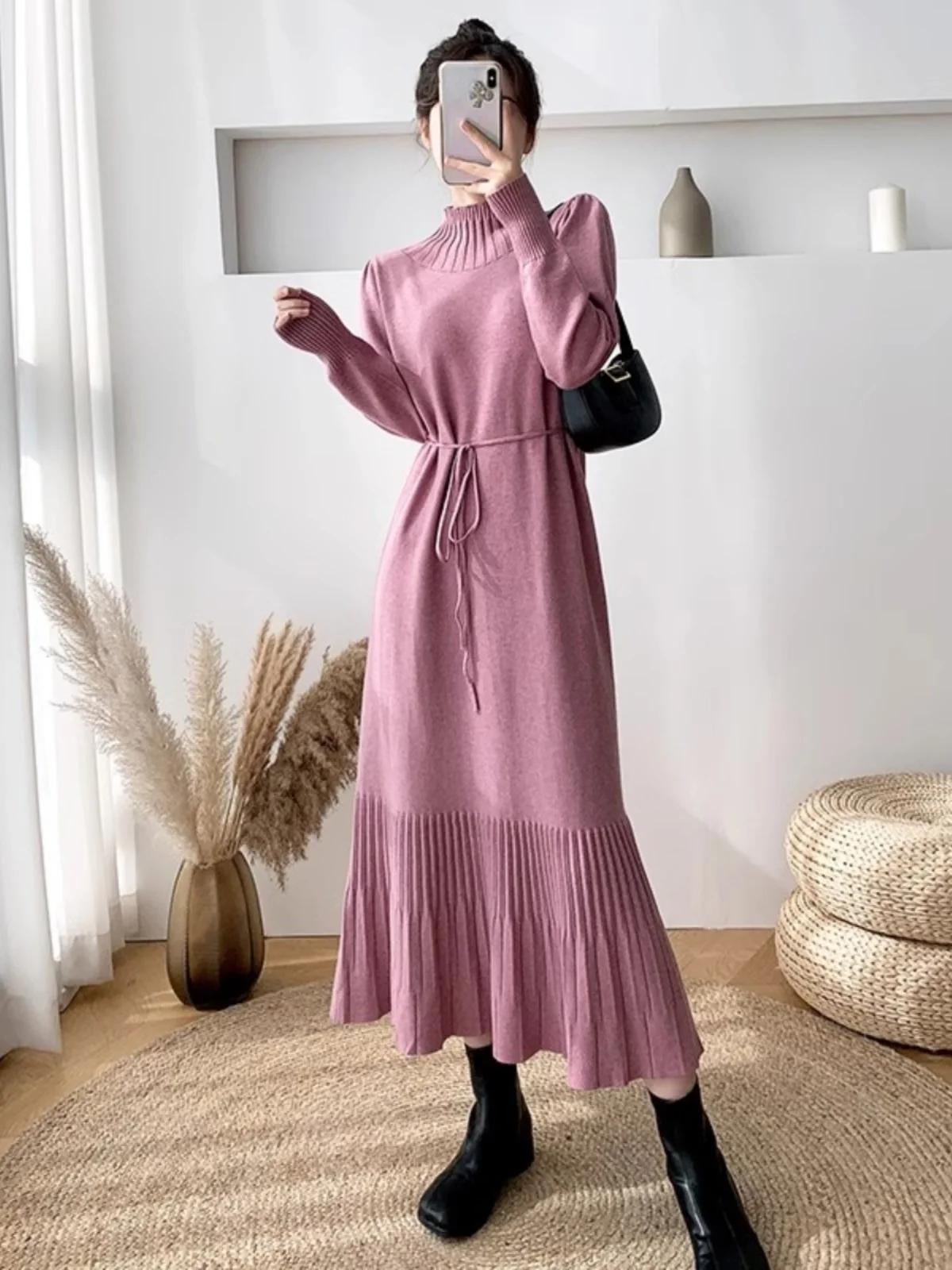 

Осенне-зимнее вязаное пальто-свитер средней длины с высоким воротником, свободного кроя, в корейском стиле, для женщин