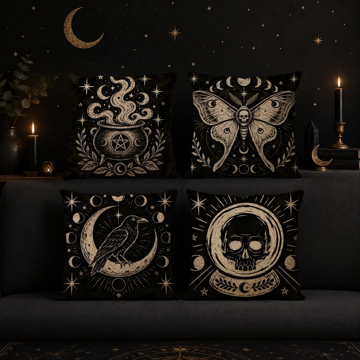 Halloween Skull Cat Palm Moon Cushion Cover Double-Sided Plush Sofa Cushion Covers Organic Breathable Invisible Zipper