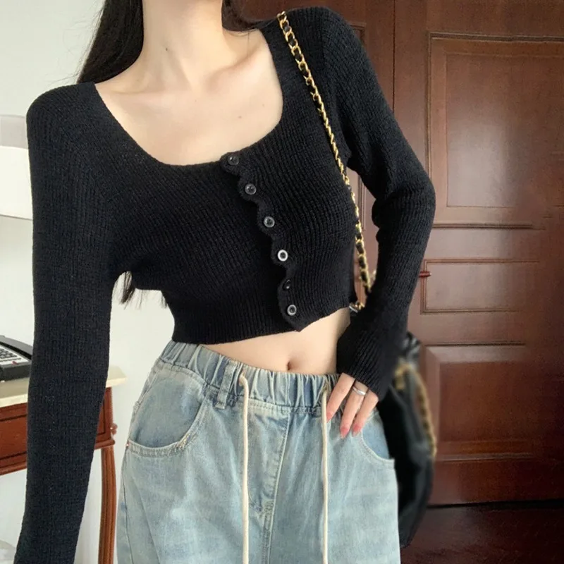 Single-breasted Long Sleeve Square Neck Solid Color  Short Top Knitted Air Conditioning Shirt Women\'s Sweater