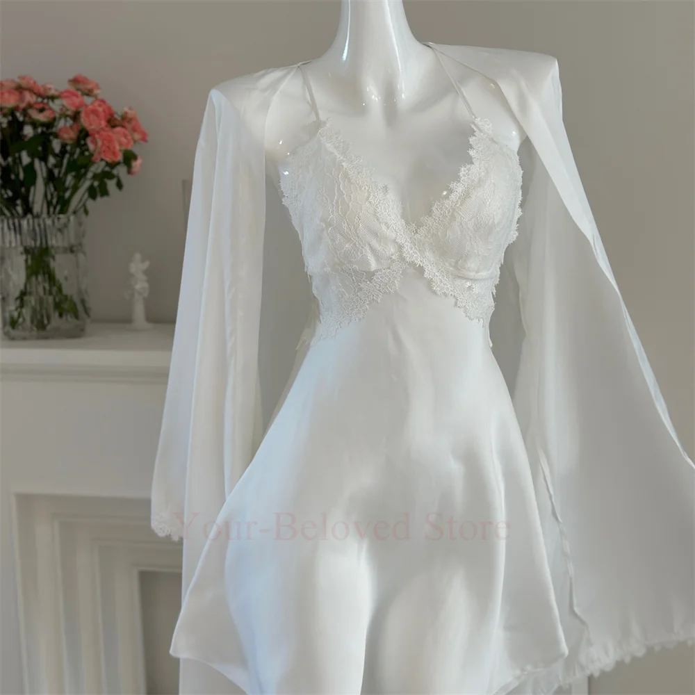 White Bride Wedding Robe Suit Sexy Lace Flower Trim Nightwear Women Spaghetti Strap Satin Homewear Loose Kimono Loungewear