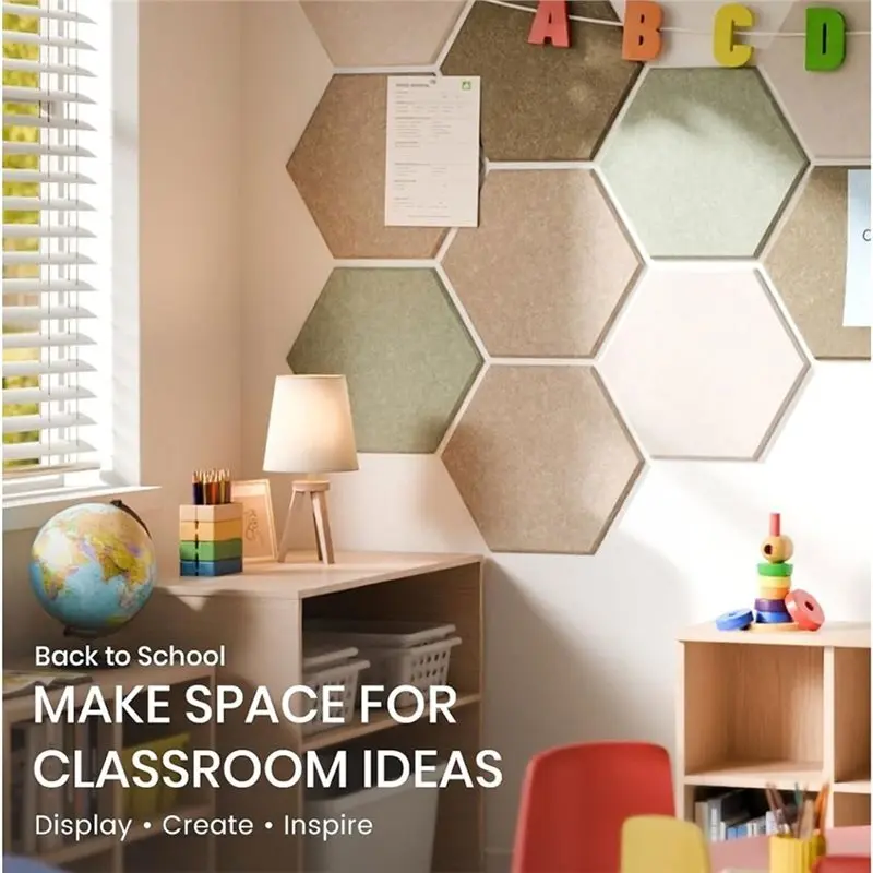 L68A Cork Board Alternative With 12-Pack Hexagon Felt Bulletin Tiles, Includes 60 Adhesive Tabs For Notes, Photos, And Reminders