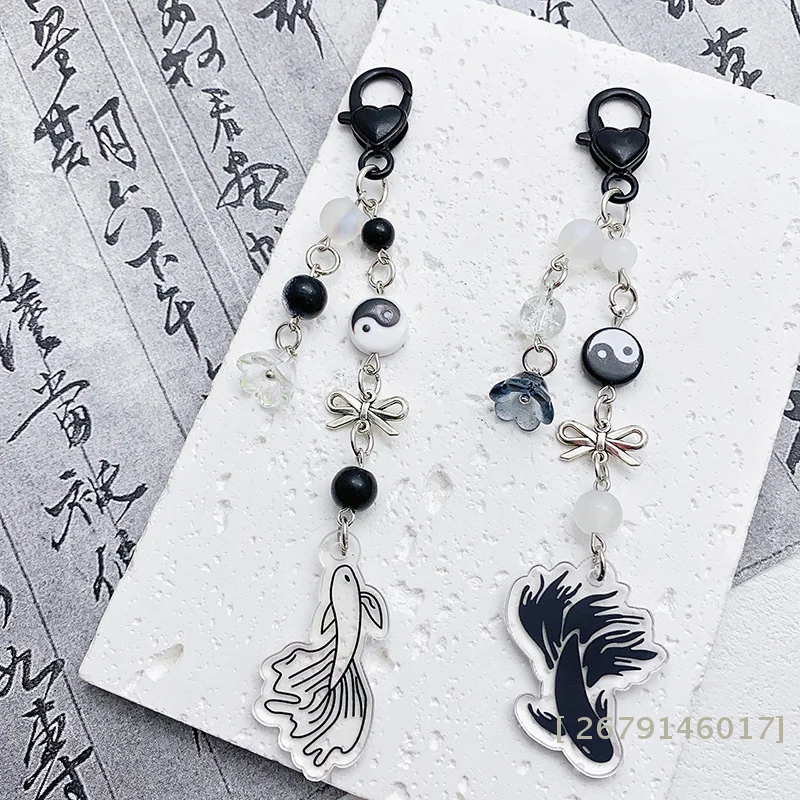 【YY26】Porte-clés vintage style chinois poisson Koi, porte-clés carpe en acrylique, porte-clés perlé élégant et tendance, pendentif de sac à la mode, cadeau pour couple