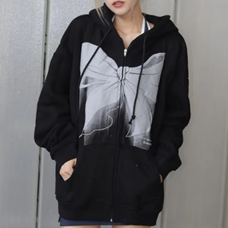 Woman clothes Zip-up Women Goth Hoodies Kawaii Vintage Solid Grey Long Sleeve Oversized Hooded Sweatshirt Y2K Women harajuku Top