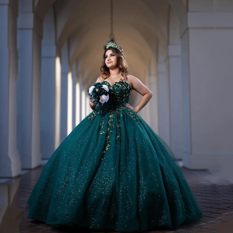 

ANGELSBRIDEP Emerald Green Quinceanera Dresses Ball Gown Beaded Handmade 3D Flowers Sweet 16 Dress Vestidos De 15 Años Corset