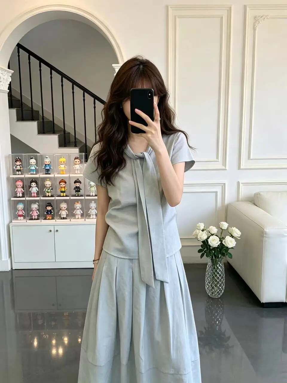

Elegant Knot Top And Skirt Slimming Two-Piece Set for Women Summer Thin Mint Green Fashion Ensemble