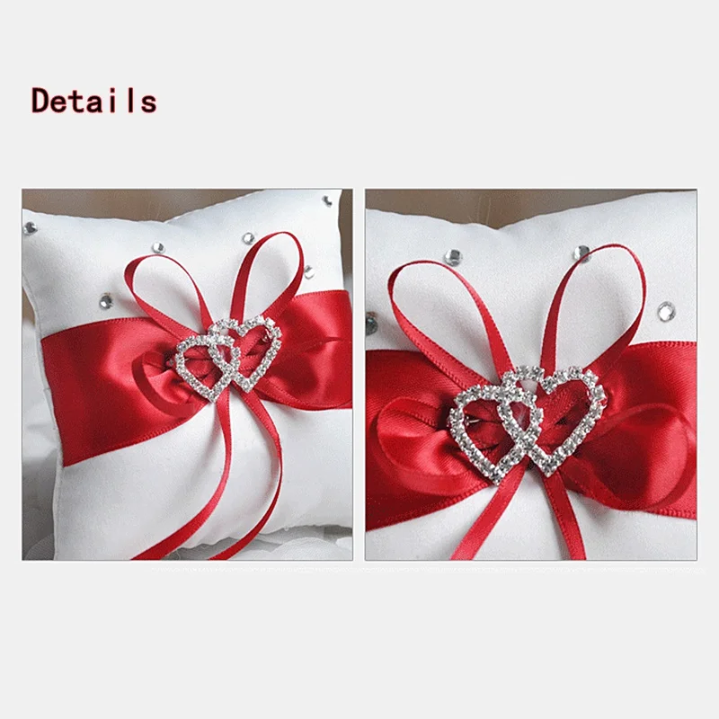 1 قطعة 10*10 سنتيمتر تألق الراين خاتم الزواج وسادة الزفاف الزفاف Bowknot مزدوجة القلب حلقة حامل وسادة