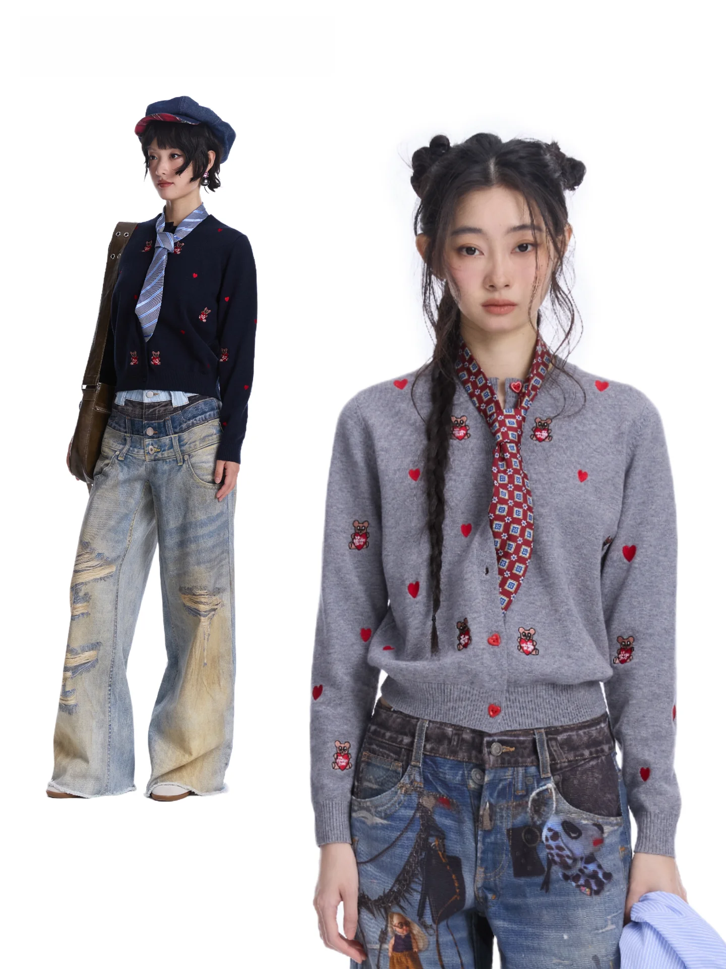 

Женский вязаный кардиган MOF с вышивкой в виде сердца и медведя, повседневный, прямого кроя, с длинными рукавами, из смесового полиэстера