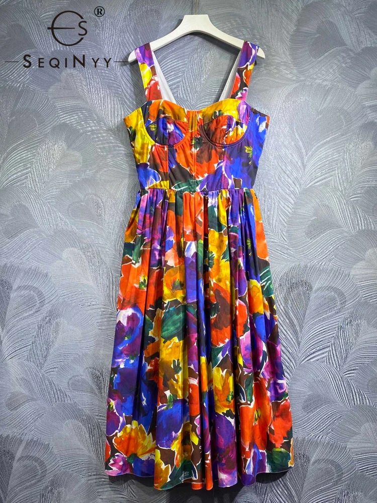 

SEQINYY Elegant Midi Dress for Women 100% Cotton Vintage Flower Print Strapless Holiday New Fashion Design Summer and Spring