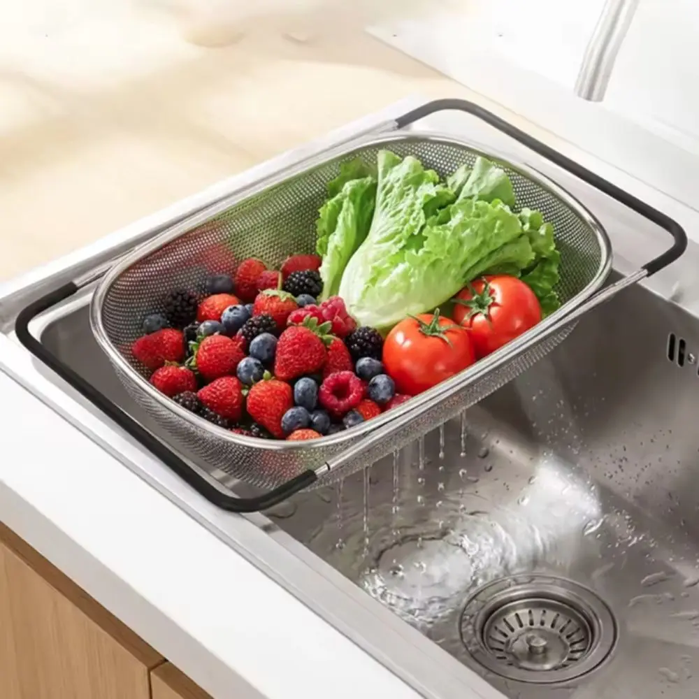 Scalable Sink Drain Basket Non-slip Handle Ventilated Strainer Basket Stainless Steel Rust-proof Vegetable Washing Basin Pasta