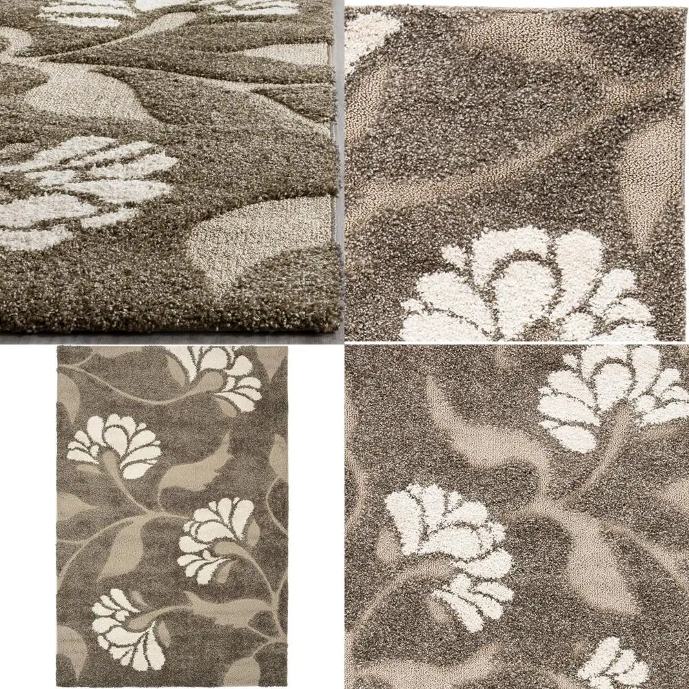 

6'x9' Florida Shag Rug - Smoke Beige Floral, Thick 1.2, Non-Shedding, Easy Care for Living & Bedroom High Traffic