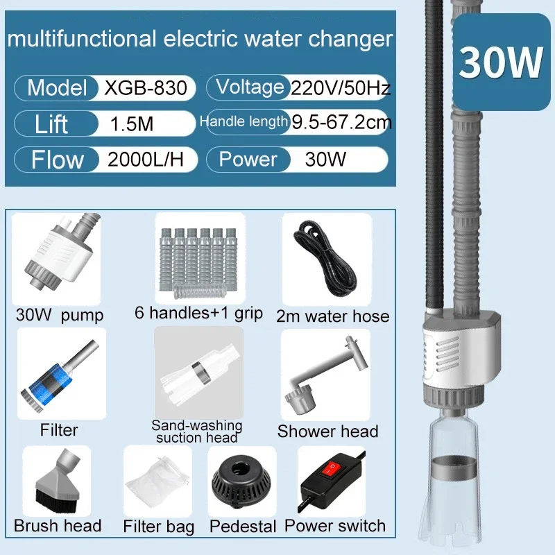 Aquarium Water Verandering Pomp Elektrische Aquarium Schoonmaken Tool Vacuüm Water Wisselaar Grind Cleaner Sifon Filter Pomp 30W 220v
