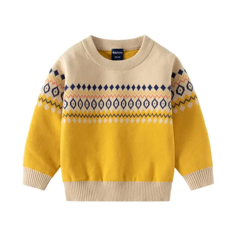 2025 Autumn Children Boy Sweater Cotton Argyle Wave Toddler Boys Pullovers Velvet Round Collar Elastic Hem Infant Boy Undershirt