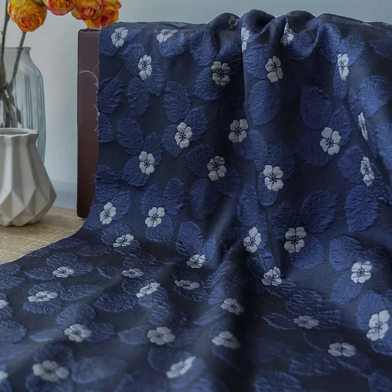 Embossed Flower Dark Blue Yarn Dyed Jacquard Fabric Women's Spring Autumn Elegant Dress Decorative Making Fabric