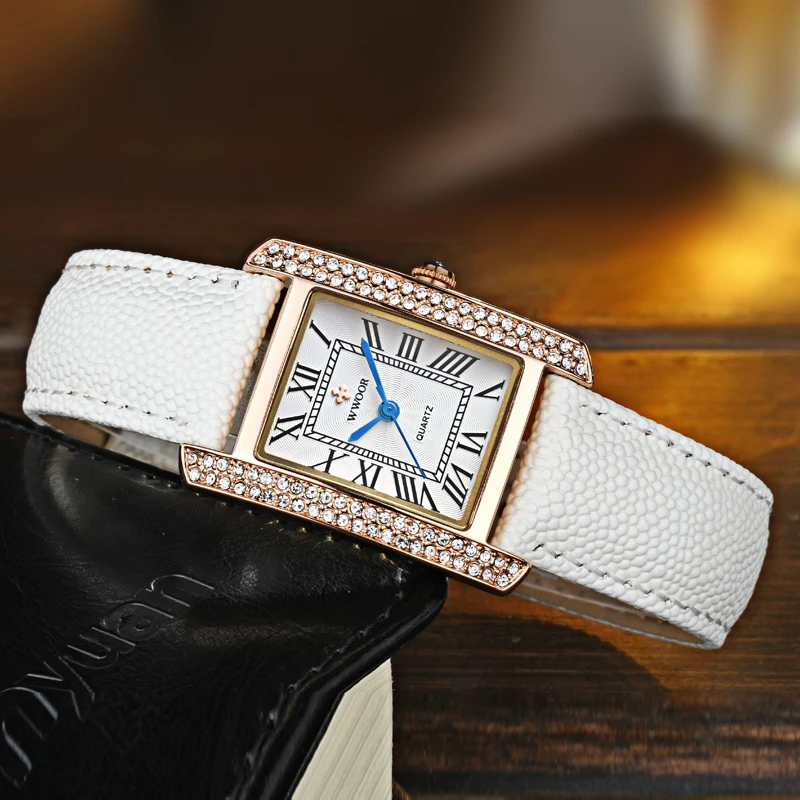 WWOOR New Women Watch Fashion White Leather Ladies Wrist Watch Waterproof Quarzt Diamond Rhinestones Bracelet Watch Montre Femme