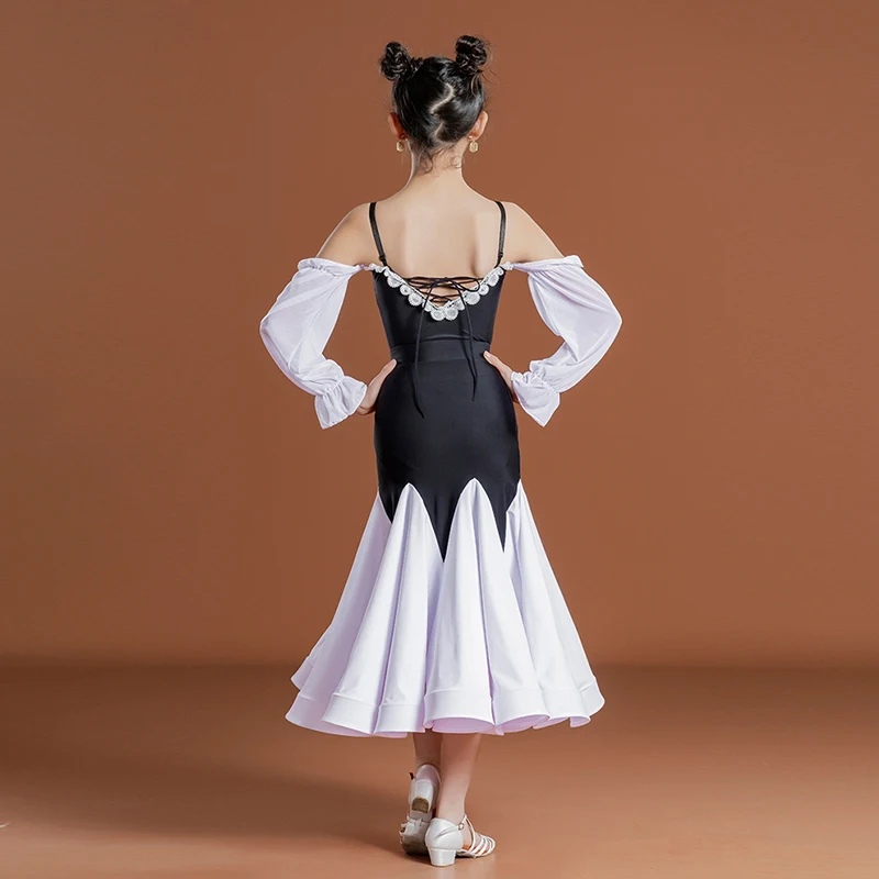 Children Fashion Ballroom Dance Dress Off-Shoulder Waltz Standard Dancing Performance Costume Girls Tango Dance Clothing DL11439