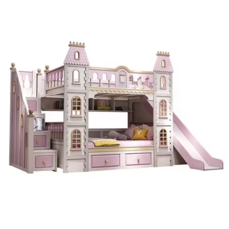 All solid wood children's up and down beds Bunk beds High and low beds Two floors Princess Dream Castle Slide Villa