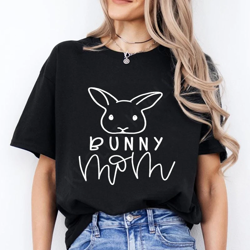 Funny Bunny Mom Print Casual T-Shirt Round Neck Short Sleeves Sports Tee Women's Activewear Top Rabbit Print Fashion Clothes